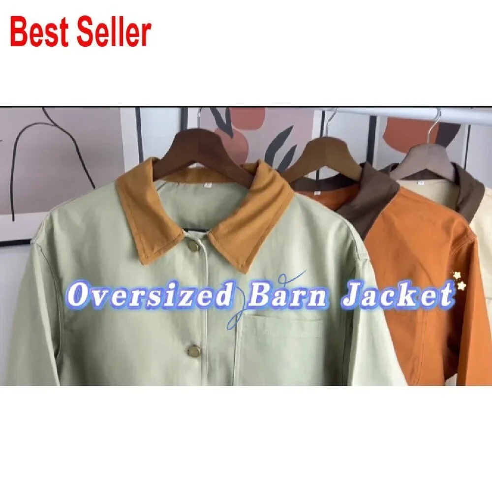Oversized Cotton Barn Jacket Button Down Collar Casual Loose Fit Chic